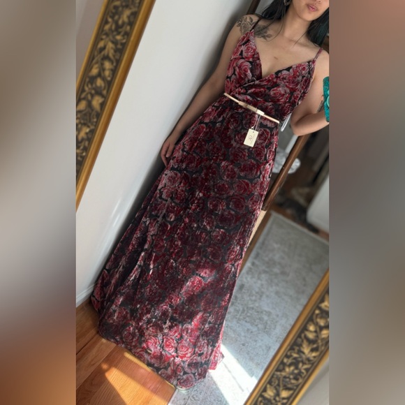 Pretty Companion Mauve and Red Floral Velvet Burnout Maxi Dress - Picture 6 of 6